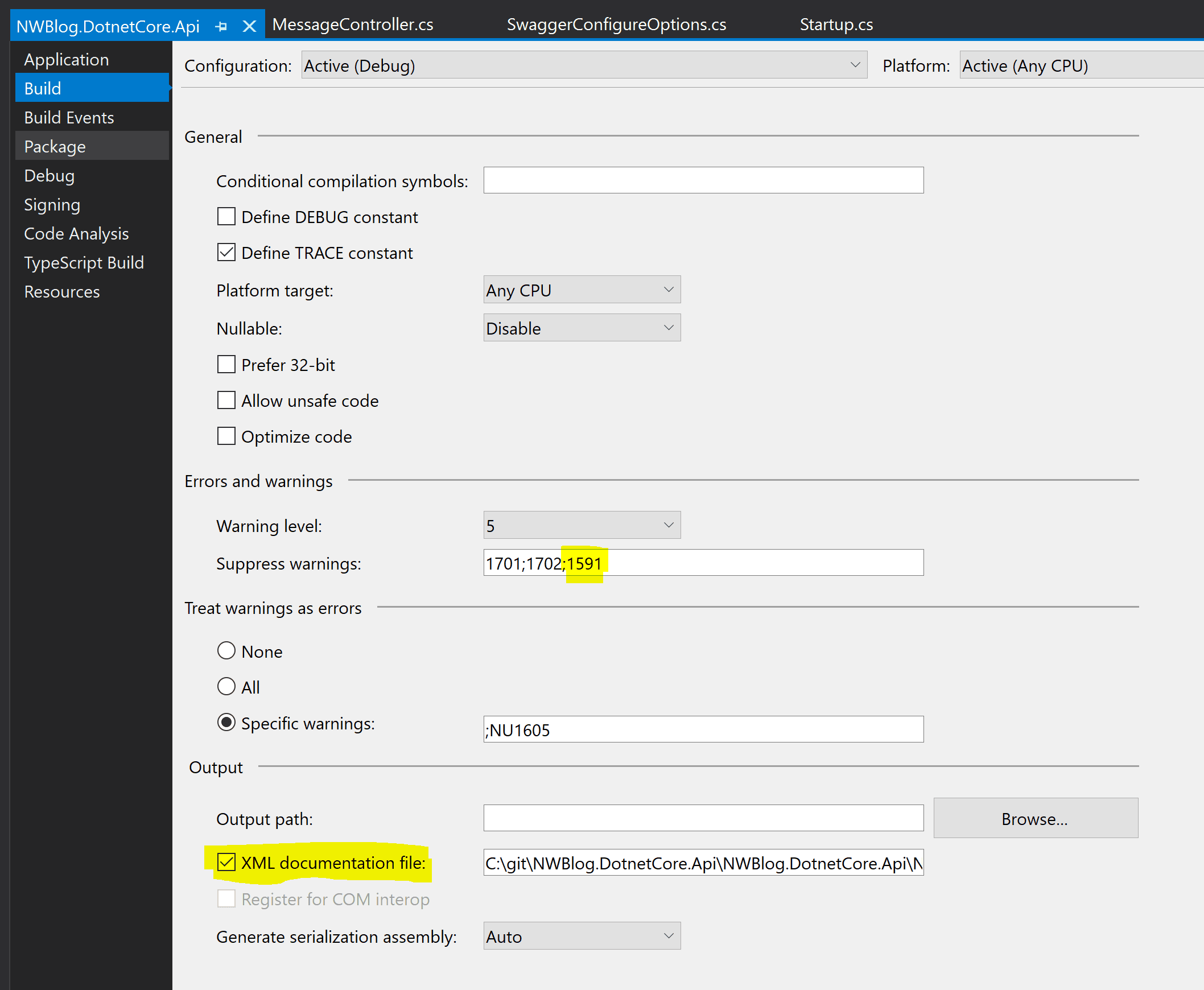 Enable XML documentation and suppress warning in .NET 5 API