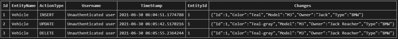 Audit entries for vehicle