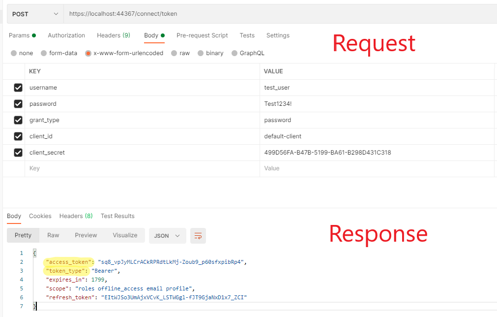 OpenIddict request and response in Postman