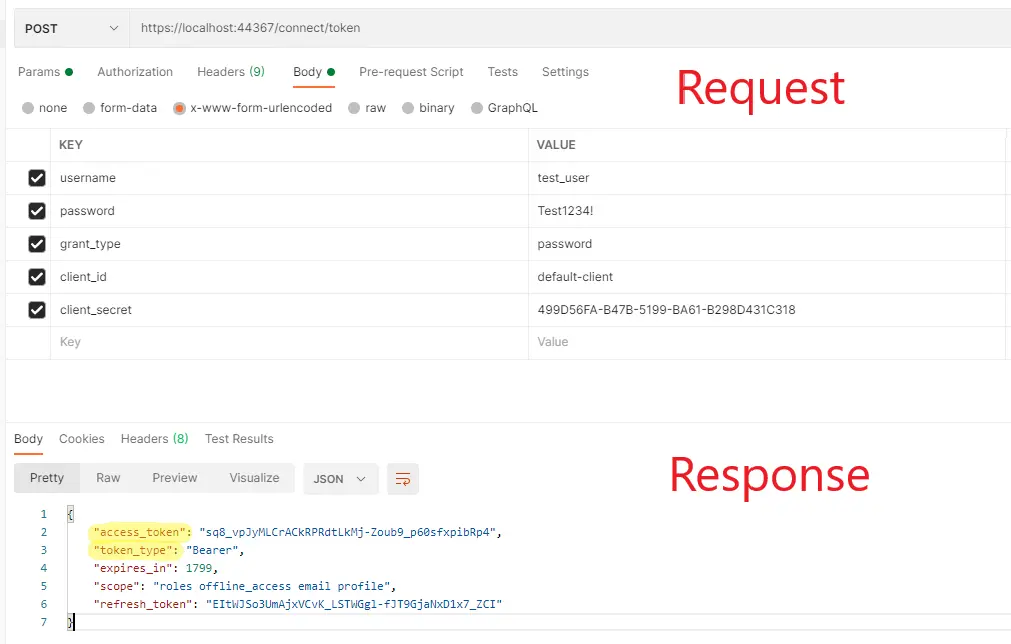 OpenIddict request and response in Postman